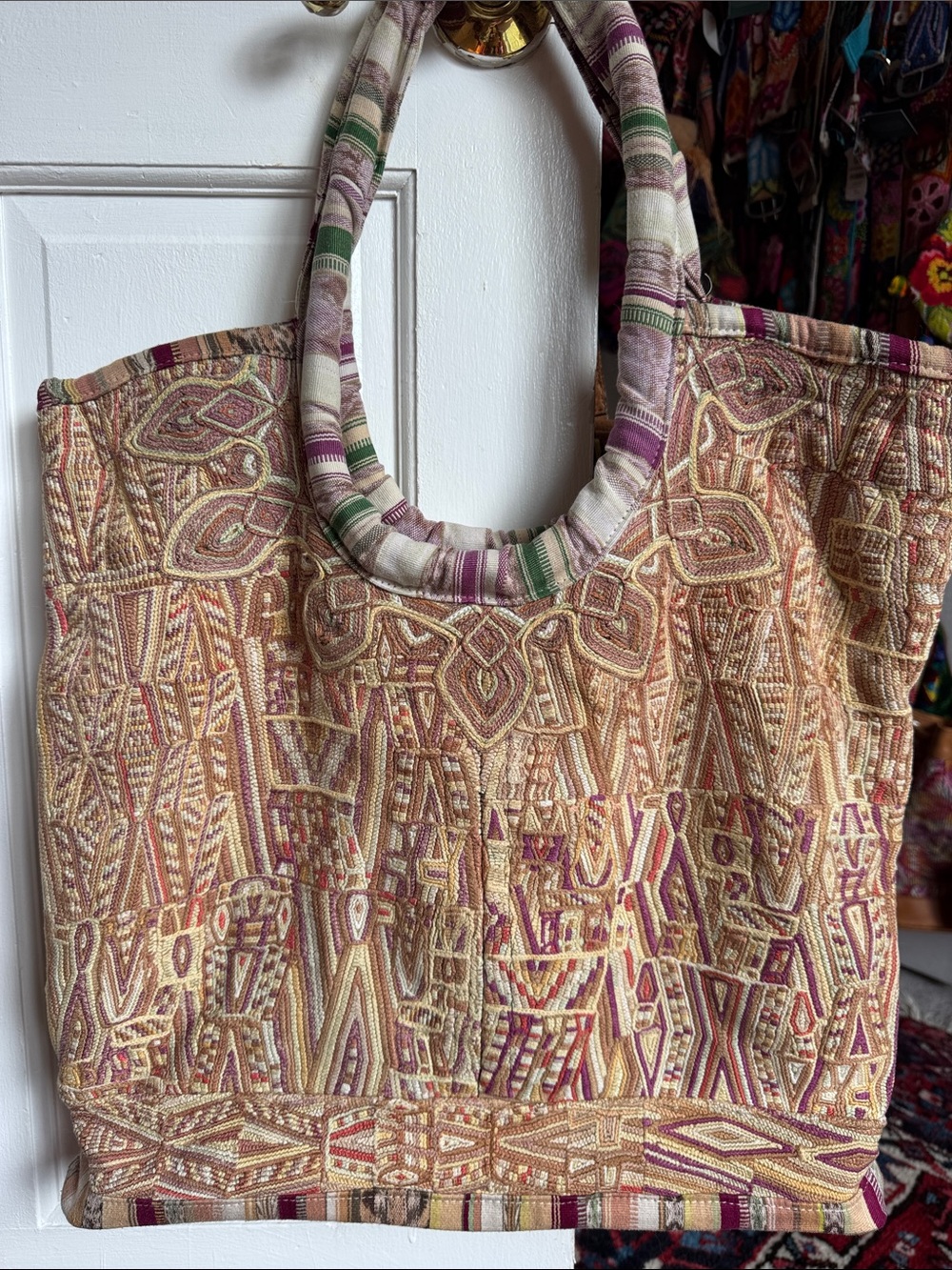 Guatemala Huipil Handcrafted Multicolor Embroidered Tote Bag - Cream & Pink